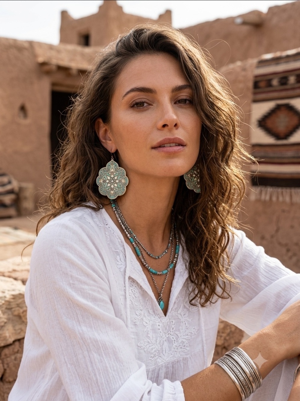 Boho Patina Green Turquoise Goldtone Southwestern Dangle Stud Earrings Set of 2